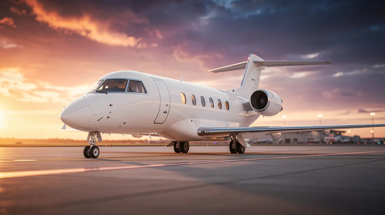 A sleek private jet is parked on a tarmac, silhouetted against a vibrant sunset sky, ideal for business travelers seeking to book flights for international travel. The scene evokes a sense of luxury and adventure, perfect for those looking to save money on airfare prices while enjoying the beauty of air travel.