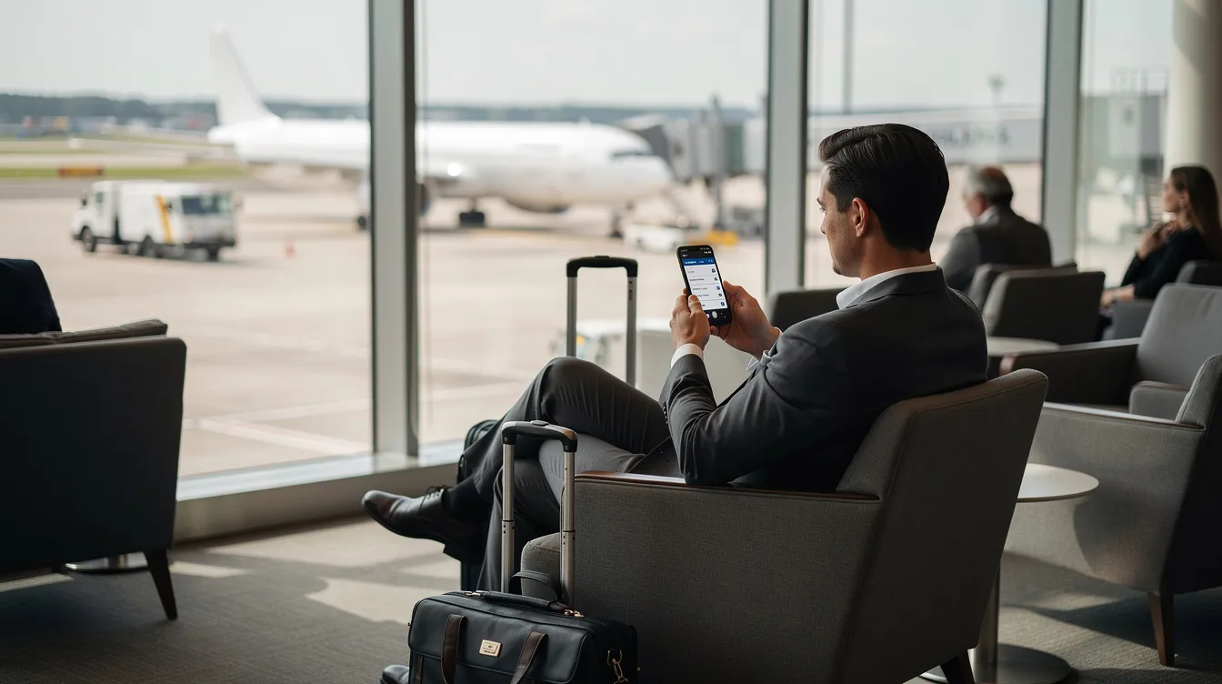 A person in business attire is checking flight information on a smartphone while seated in an airport lounge, with large windows providing a view of the runway and aircraft. The scene highlights the importance of flight tracking and staying updated on flight status in the aviation industry.