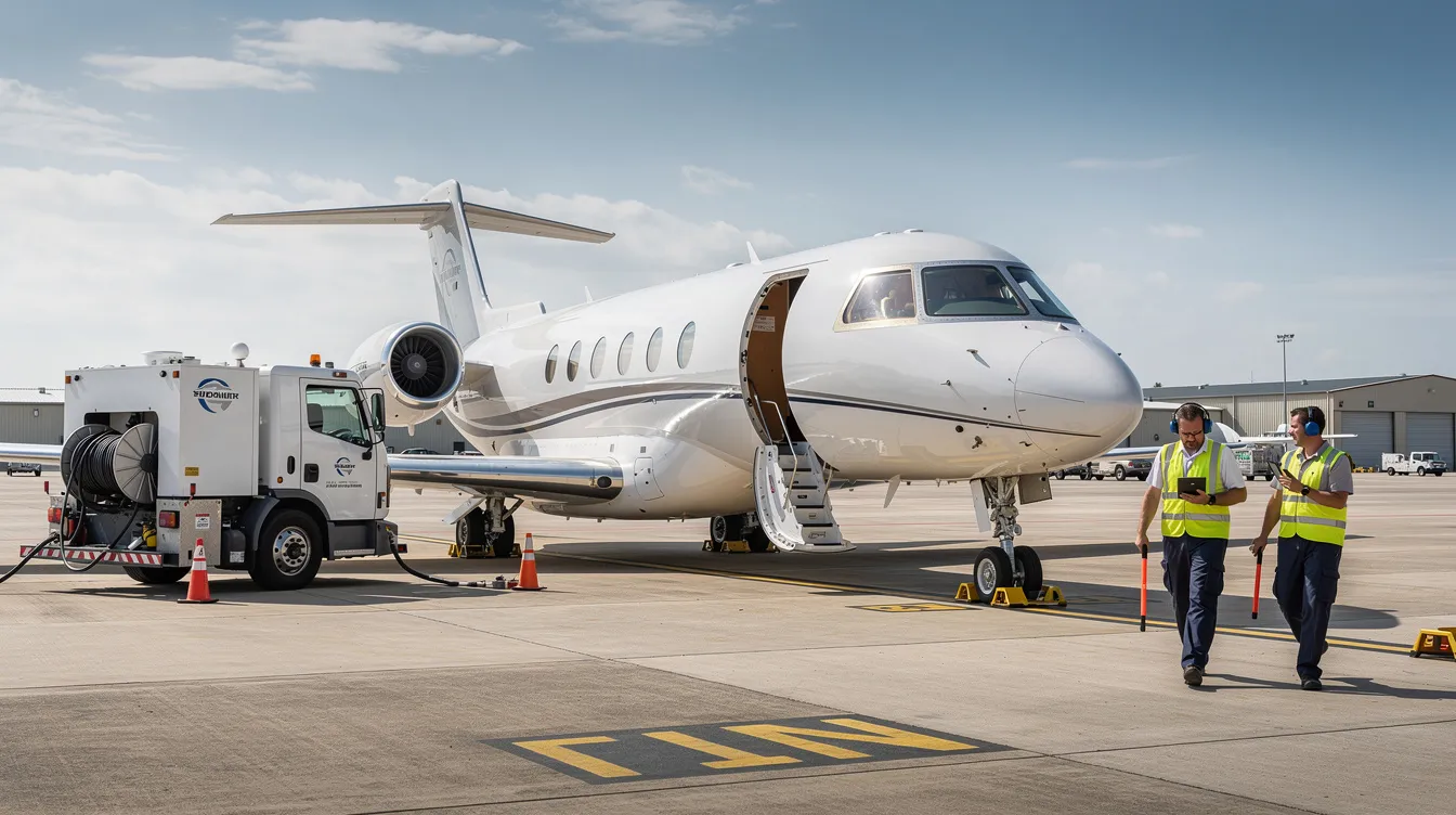 A private jet is being serviced on an FBO ramp, with a fuel truck parked nearby and ground crew members walking towards the aircraft, highlighting activities within the general aviation sector. This scene captures the essential operations that support flight status and aircraft maintenance at airports.