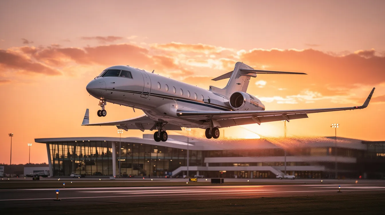 A sleek private jet is taking off against a warm sunset sky, with a modern airport terminal visible in the background, highlighting the intersection of general aviation and the aviation industry. This scene captures the essence of flight, showcasing the elegance of private aircraft in action.