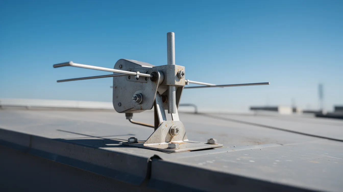 A close-up image of a small antenna receiver mounted on a rooftop, set against a clear blue sky, symbolizes the technology used in flight tracking and accessing real-time flight status data for the aviation industry. This device plays a crucial role in supporting applications that monitor aircraft and provide notifications about flight changes and cancellations.