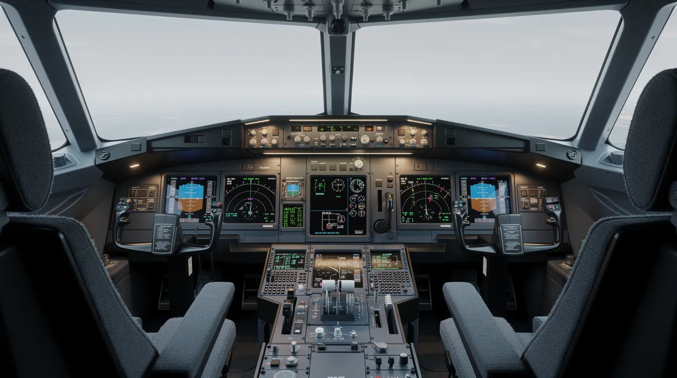 The image showcases a modern aircraft cockpit interior, featuring advanced digital avionics displays and an array of pilot controls designed for efficient navigation. This high-tech environment is essential for pilots operating aircraft in cargo services, such as those provided by Ameristar Air Cargo.