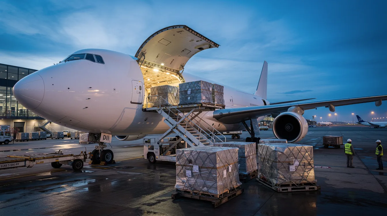 A large cargo aircraft with its cargo door open is being loaded with palletized freight at a commercial airport, showcasing the operations of Ameristar Air Cargo and other cargo carriers. The scene highlights the efficiency of air cargo services in Texas, specifically in the Dallas area.