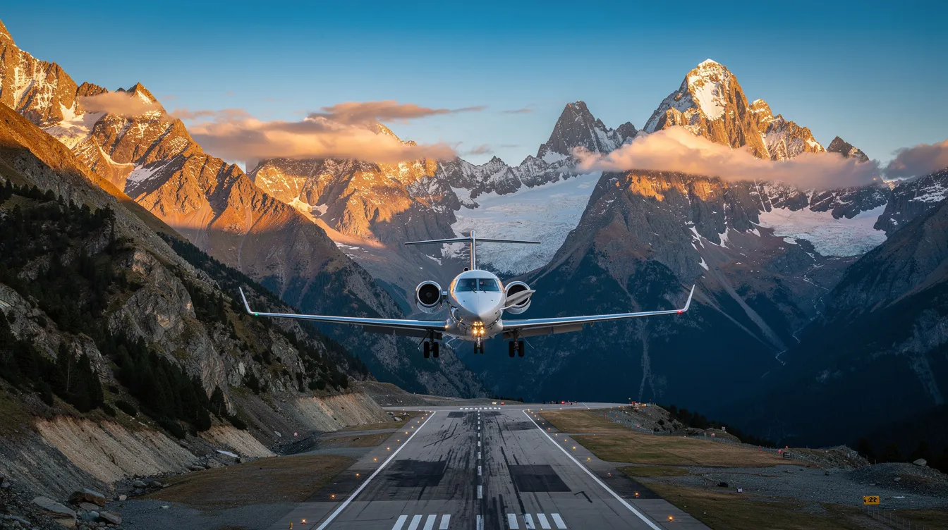 A small private jet is gracefully approaching a mountain runway, surrounded by stunning snow-capped peaks, showcasing the beauty of private aviation. This scene highlights the luxury and convenience of private jet charters for travelers seeking an exceptional flying experience amidst breathtaking landscapes.