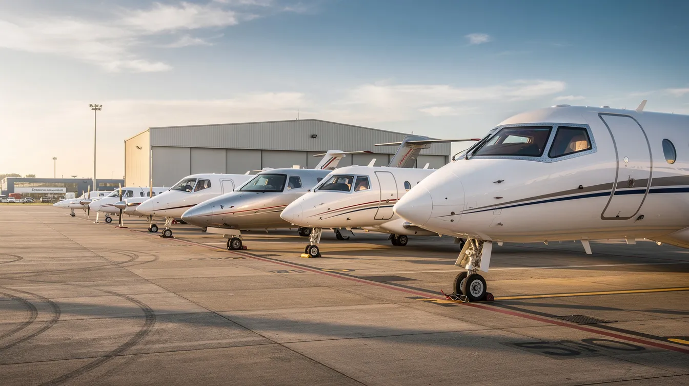 A lineup of various private jets, showcasing different sizes, is parked side by side on an airport ramp, highlighting the options available for private jet charters and personalized travel experiences. This scene emphasizes the luxury and convenience of private aviation, perfect for those seeking seamless journeys and fully customizable flight itineraries.