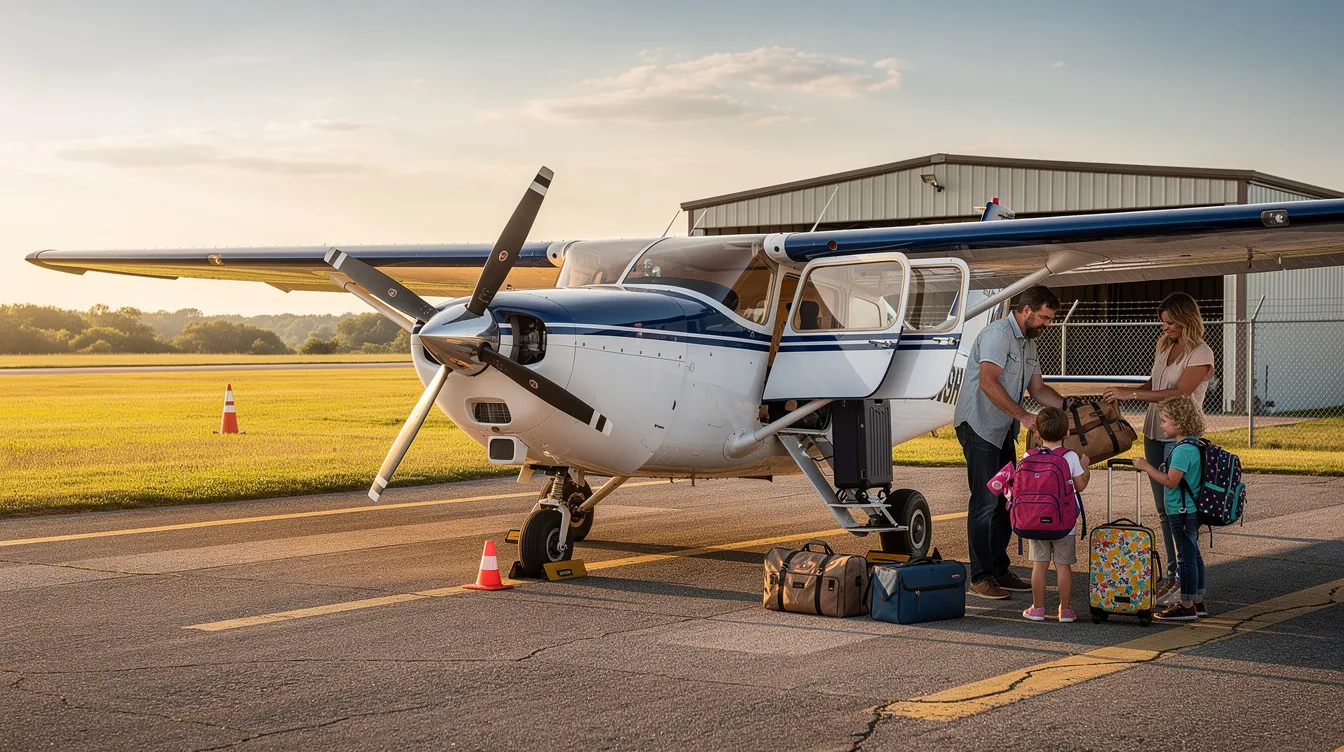 A small piston aircraft, likely a Cessna 206 or Piper Cherokee, is parked at a rural airport while a family loads their luggage into the plane, preparing for a private flight. The scene captures the essence of charter operations, showcasing the convenience of air travel for families and travelers looking to reach their final destination efficiently.