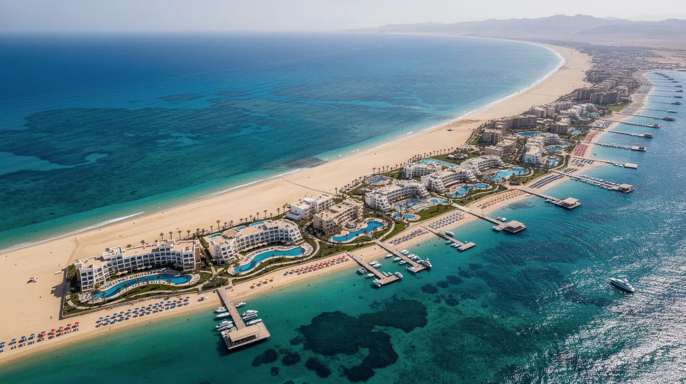 An aerial view captures a stunning Red Sea coastal resort town, featuring vibrant turquoise waters and pristine sandy beaches, perfect for relaxation and family vacations. This picturesque location highlights the beauty of travel and the joy of planning a trip to a serene destination.