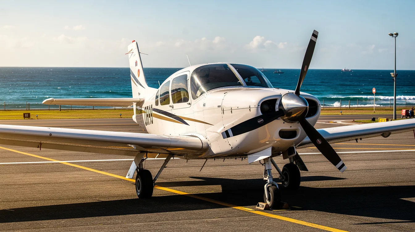 A small piston aircraft, specifically a Cessna 206, is parked on the tarmac of a coastal airport with a stunning view of the blue ocean in the background, highlighting the ideal private aircraft for charter flights and air taxis. The scene captures the essence of aviation travel, emphasizing the convenience and accessibility of private charter services.