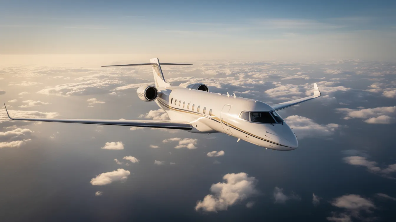 A large-cabin private jet soars gracefully above a sea of fluffy white clouds, with a vast expanse of ocean visible below. This image captures the essence of private aviation, highlighting the luxury and freedom that comes with private jet charter services for discerning travelers.