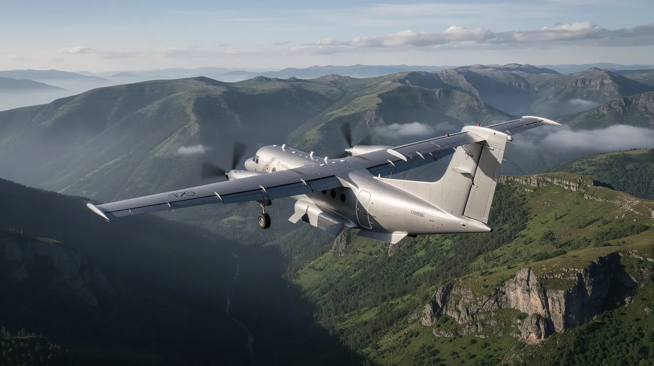 A turboprop aircraft is soaring above lush green mountains, showcasing the beauty of private aviation and the convenience of on-demand charter flights. This scene highlights the appeal of charter airlines for those seeking efficient travel options in scenic regions.