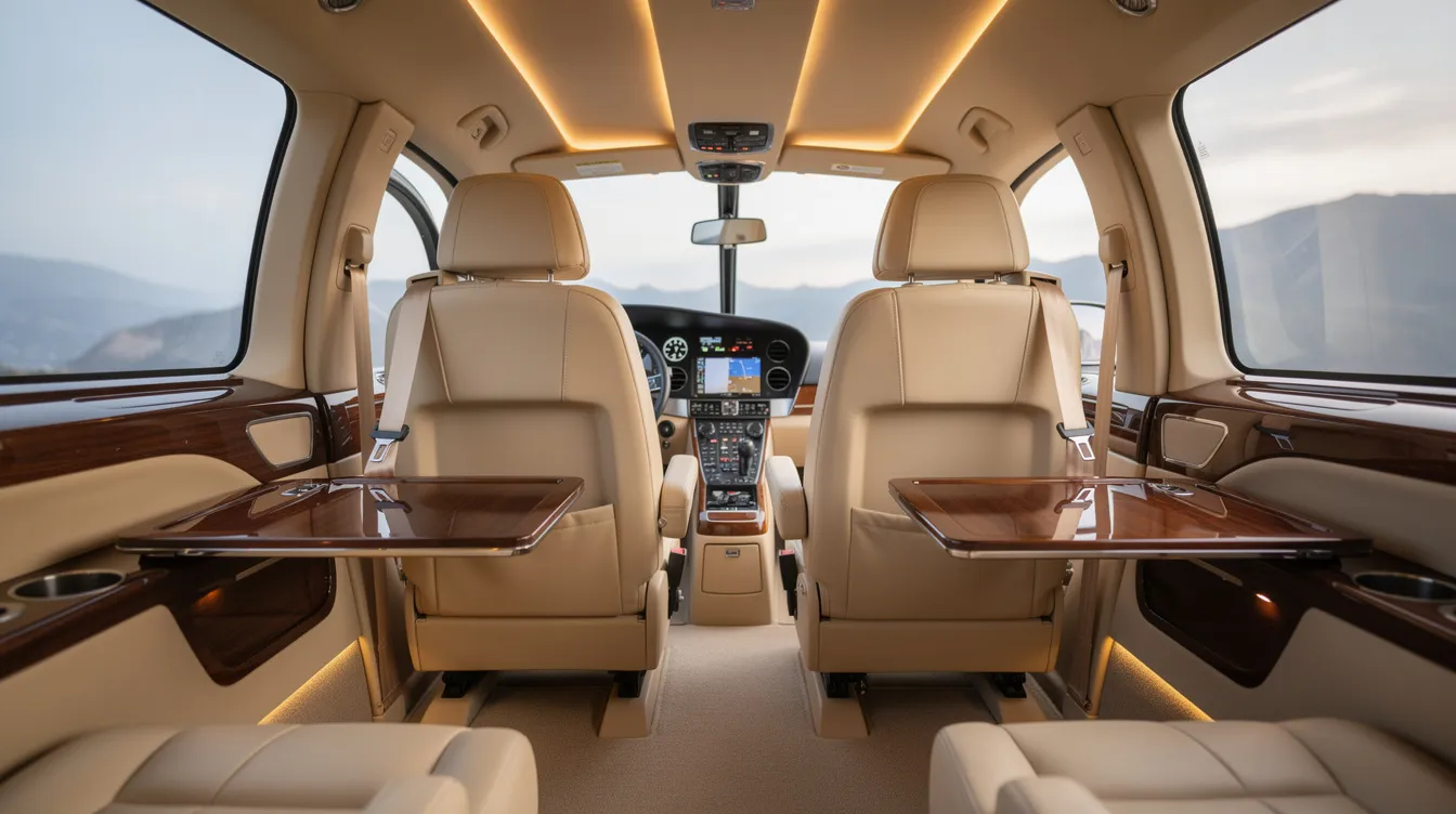 The image showcases a luxury helicopter interior, featuring plush leather seats and elegant polished wood accents, designed for ultimate comfort during personal use. This sophisticated cabin exemplifies the advanced avionics and new features of modern VIP helicopters, offering a high-end flying experience.