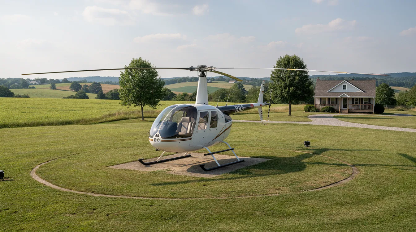 A small two-seat personal helicopter is parked on a grassy helipad adjacent to a rural home, showcasing its sleek design and compact size. This private helicopter is ideal for personal use, offering an efficient way to travel while enjoying the beauty of the surrounding landscape.