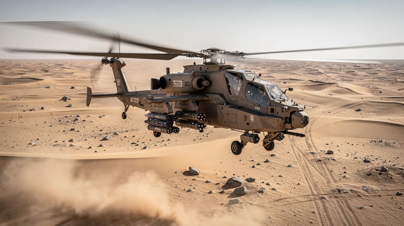 An attack helicopter is flying low over a vast desert landscape, showcasing its advanced avionics and combat capabilities. The aircraft, designed for high-speed missions, appears ready to engage in operations with its weapons systems visible.