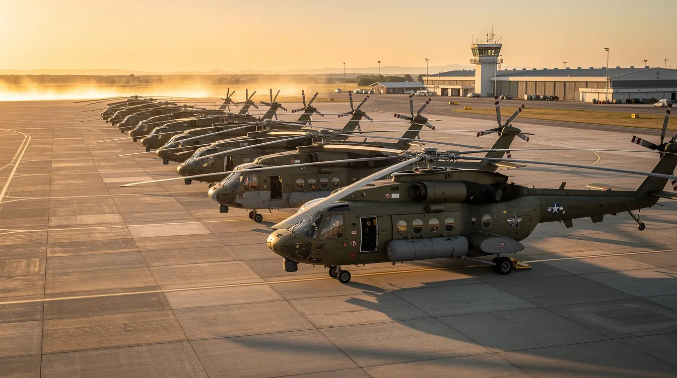 A row of military transport helicopters is parked on an airfield tarmac, showcasing various models used by the air forces of countries like the US Army, German Army, and French Army. These military helicopters, essential for cargo and troop transport, highlight the fleet's readiness for active duty and service worldwide.