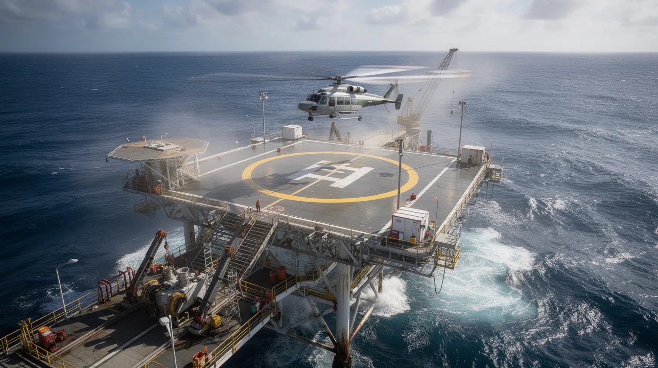 A helicopter is landing on an offshore oil platform amidst the vast ocean, showcasing its role in transporting personnel and cargo in service worldwide. The scene highlights the aircraft's importance in industries such as oil extraction and rescue operations.