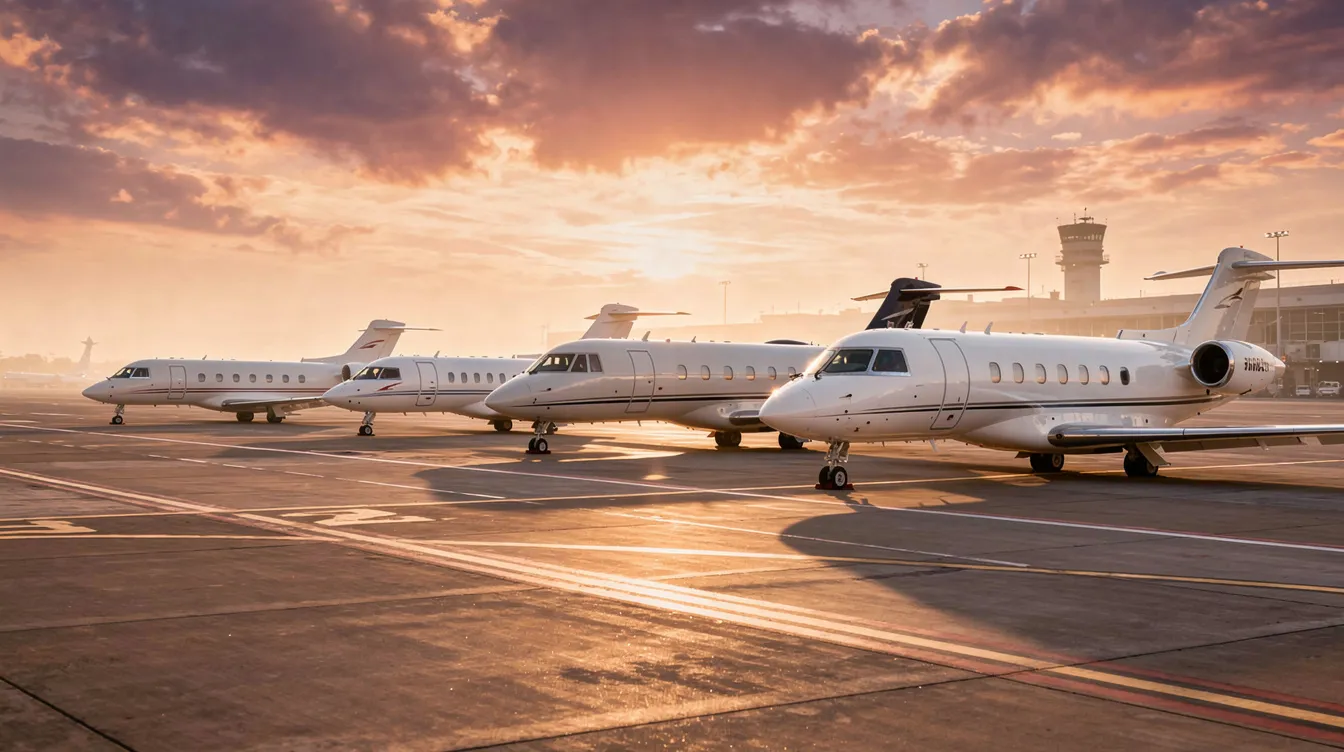 The image depicts a lineup of multiple private jets of varying sizes parked on an airport ramp during sunset, showcasing a diverse private jet fleet. This scene highlights the elegance of private aviation and the operational excellence associated with executive jet management.
