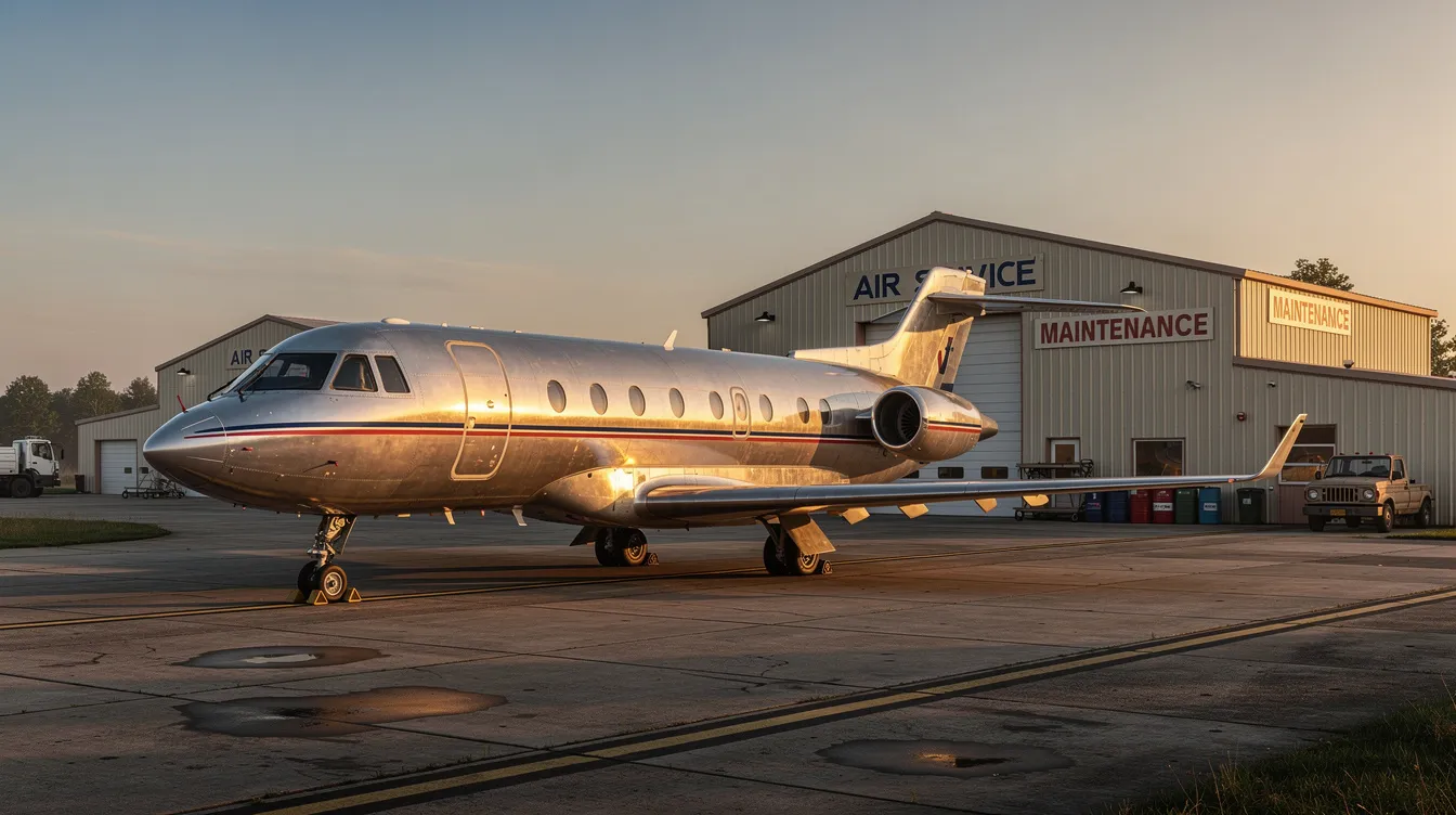 A vintage 1960s business jet is parked at a small regional airfield, with hangars visible in the background, showcasing the charm of private aviation history. This scene reflects the elegance of executive jet travel, reminiscent of the era's luxury and operational excellence in the industry.