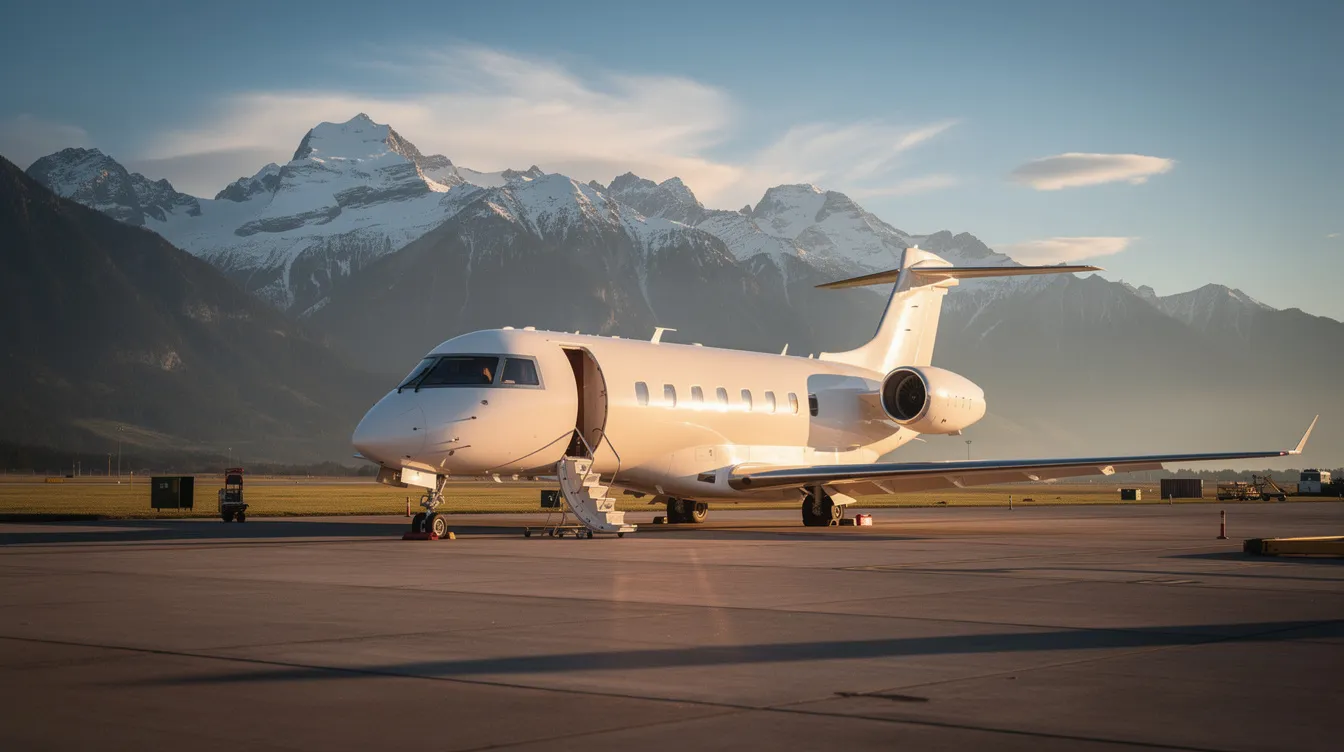 The image depicts a small private airport with a sleek jet from the netjets fleet preparing for departure, set against a stunning mountain backdrop. This scene captures the essence of private aviation, highlighting the luxury and exclusivity of executive jet travel for discerning travelers.