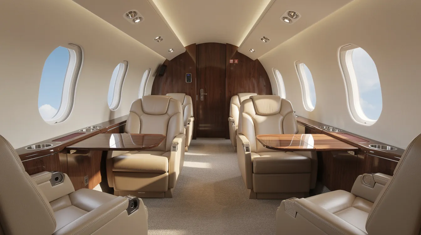 The image depicts the interior of a spacious private jet cabin featuring plush leather seats and abundant natural light streaming through large windows, exemplifying the luxury and comfort associated with private aviation. This setting offers a serene environment for discerning travelers, highlighting the exceptional service and operational excellence that netjets aircraft provide.