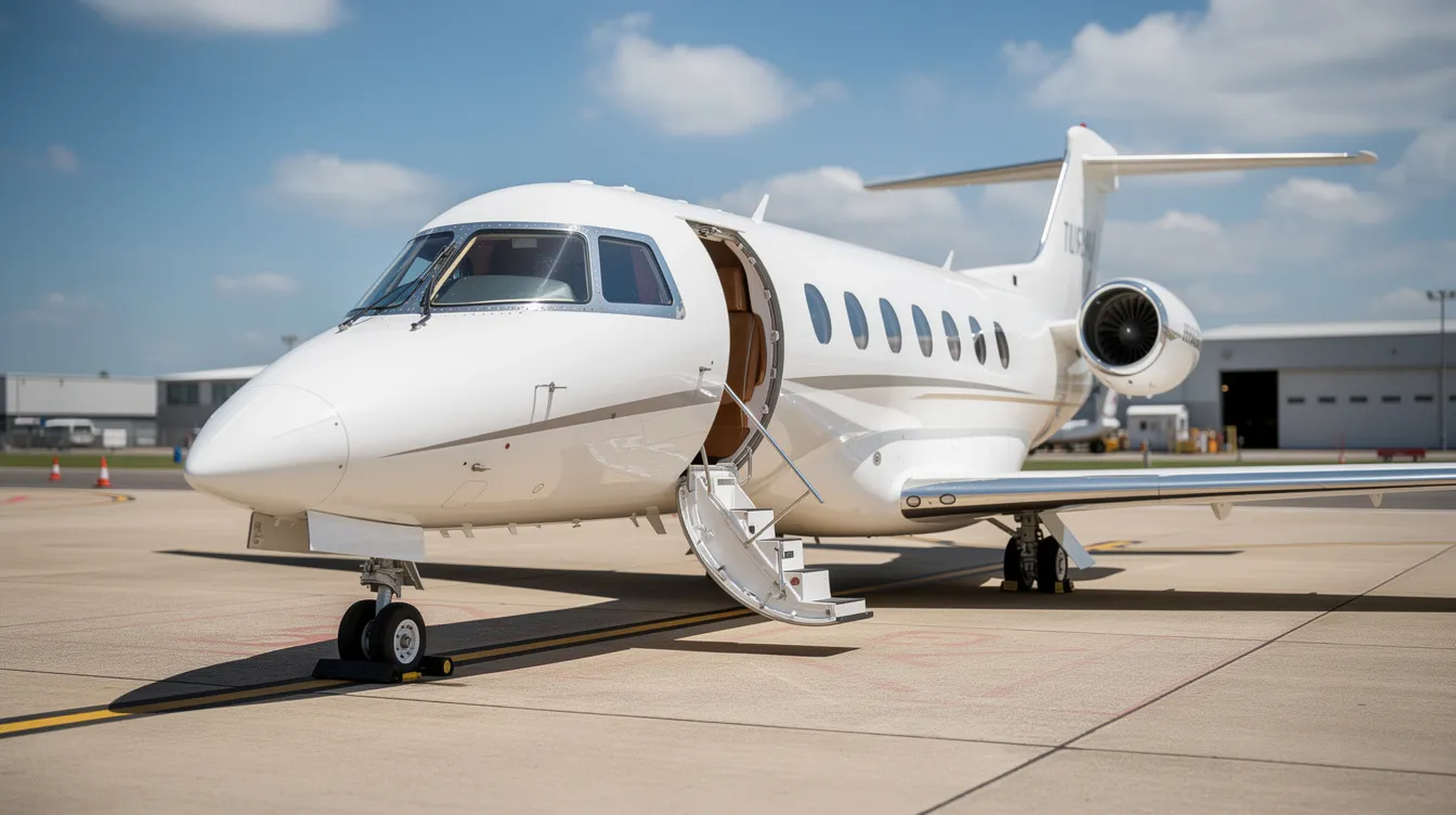 A light private jet is parked on the tarmac with its door open, showcasing its sleek fuselage and wing from a slight angle. This image captures the essence of private aviation, ideal for travelers seeking charter flight options from Denver International Airport or nearby Centennial Airport.