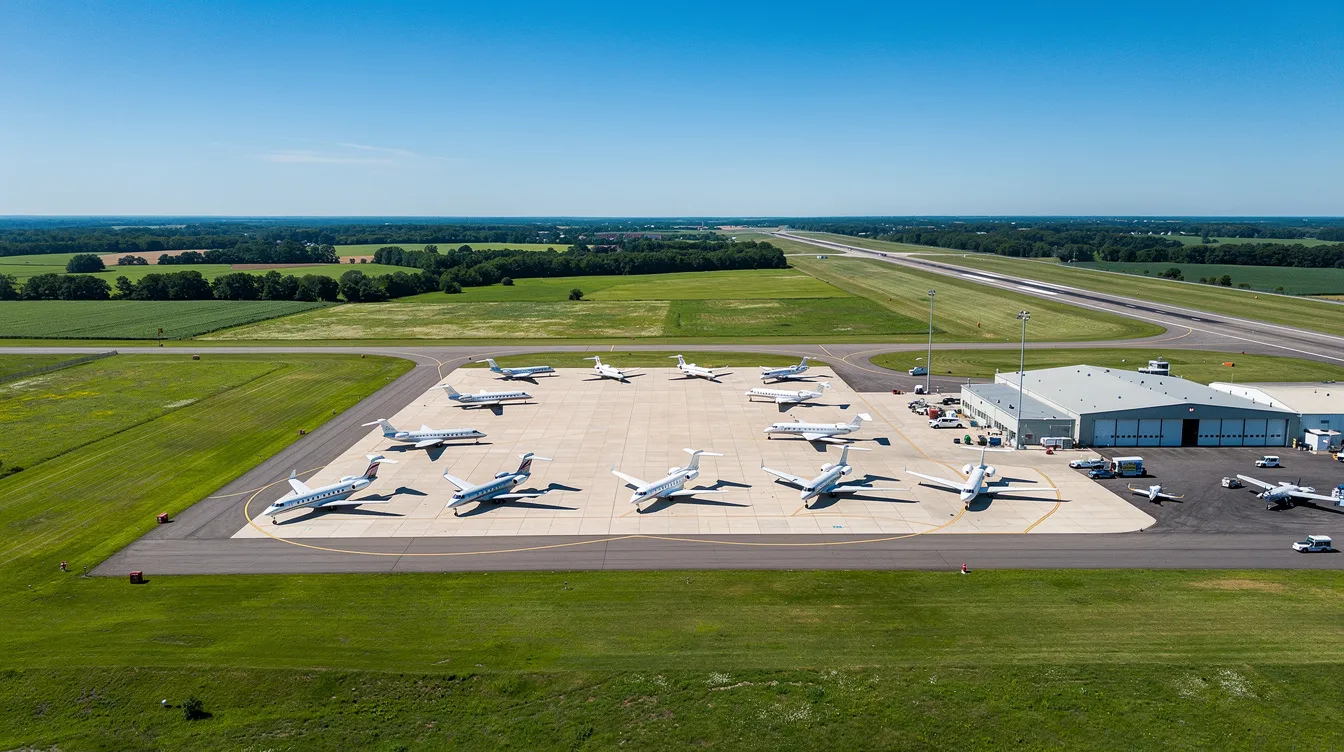 An aerial view captures a general aviation airport featuring several small jets parked on a sunlit ramp, surrounded by lush green fields. This scene highlights the accessibility of private jet flights and charter aircraft services in the Denver area, ideal for travelers seeking personalized service and flexible schedules.