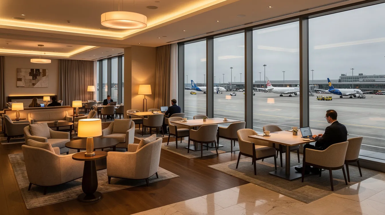 The image depicts an elegant airline lounge featuring comfortable seating arrangements, a dining area, and large windows that provide a view of the airport tarmac, ideal for first class passengers seeking a luxurious experience before their flight. The atmosphere is designed for relaxation and comfort, reflecting the high standards of luxury airlines like Qatar Airways and Singapore Airlines.