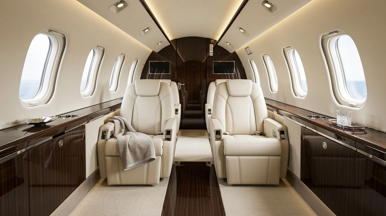 The image depicts the luxurious interior of a private jet cabin featuring cream leather seats, elegant wood paneling, and large oval windows, offering an exclusive atmosphere reminiscent of first class suites on international airlines. The spacious design and high-end finishes create an inviting space for first class passengers seeking comfort and privacy during their travels.