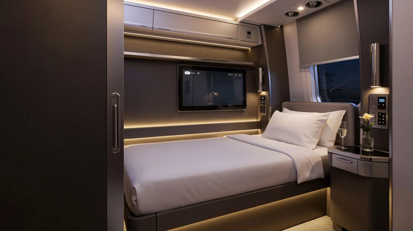 The image displays a modern enclosed first class suite featuring ambient lighting and a spacious flat bed, designed for ultimate comfort and privacy during long haul flights. This luxurious airline cabin offers first class passengers a premium travel experience with top notch service and complete privacy.