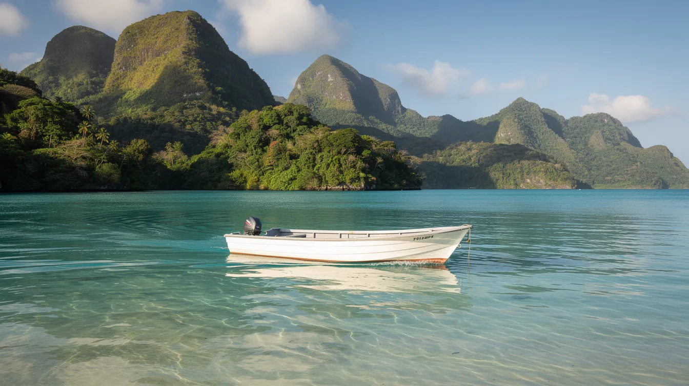 A small motorboat glides across a calm turquoise lagoon, with lush green mountainous islands in the background, evoking the serene beauty of the Gambier Islands in French Polynesia. This picturesque scene highlights the tranquil atmosphere often sought by travelers planning their trip to popular destinations like Totegegie Airport.