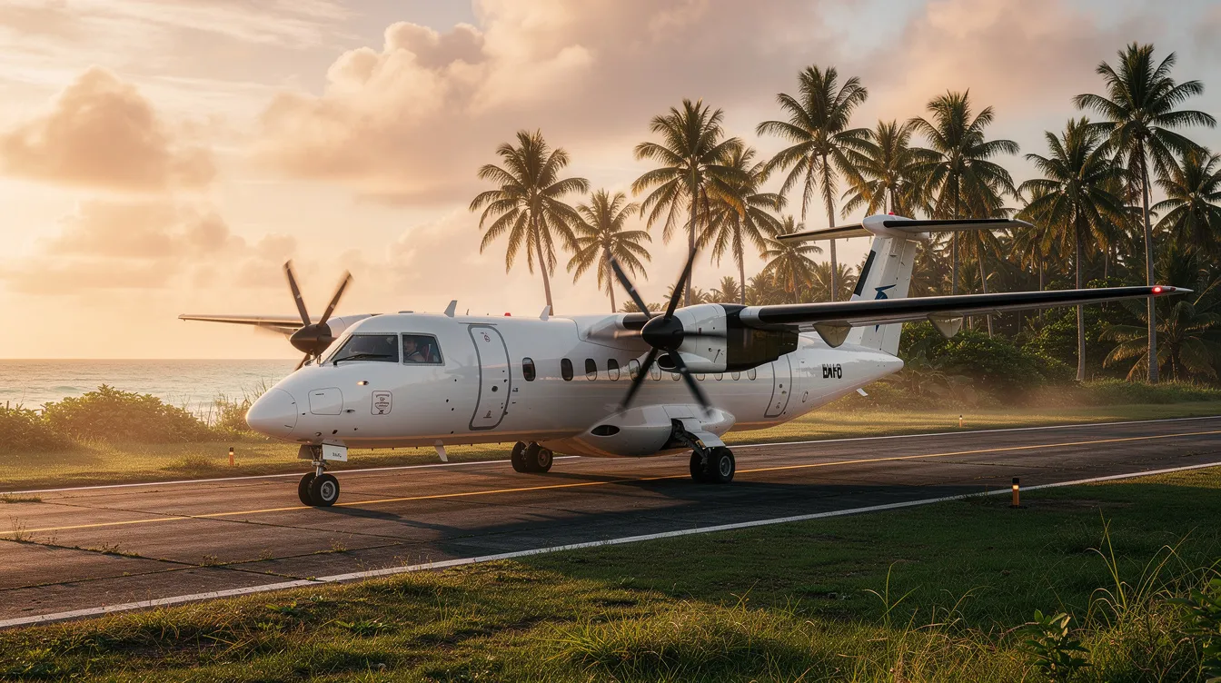 A turboprop aircraft is parked on a small tropical airstrip surrounded by palm trees, with a beautiful ocean view in the background, typical of destinations like the Gambier Islands in French Polynesia. This picturesque scene highlights the charm of Totegegie Airport, a hub for nonstop flights to popular islands.