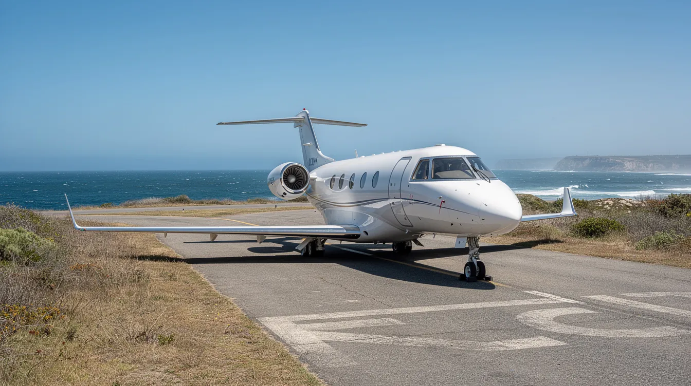 A light private jet is parked on a small coastal airstrip with a clear blue sky above and the ocean visible in the distance, showcasing the serene atmosphere of South Andros Island. The scene reflects the tranquil environment of Congo Town Airport, ideal for travelers seeking private charters and direct flights.