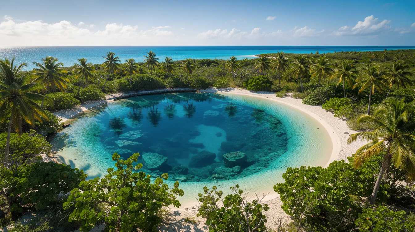 The image depicts a stunning crystal clear blue hole surrounded by vibrant lush tropical vegetation on a remote Bahamian island, likely near South Andros Island. This serene natural feature invites travelers to relax and enjoy the beauty of nature, away from the crowds.