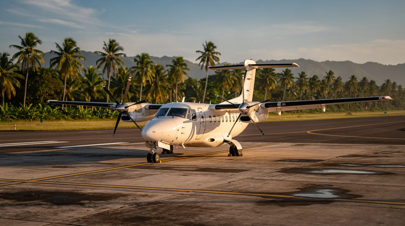 A small turboprop aircraft is parked on the tarmac of Congo Town Airport, surrounded by lush palm trees typical of South Andros Island's tropical landscape. The scene conveys a sense of tranquility, ideal for travelers seeking direct flights or private charters to this serene Bahamian destination.