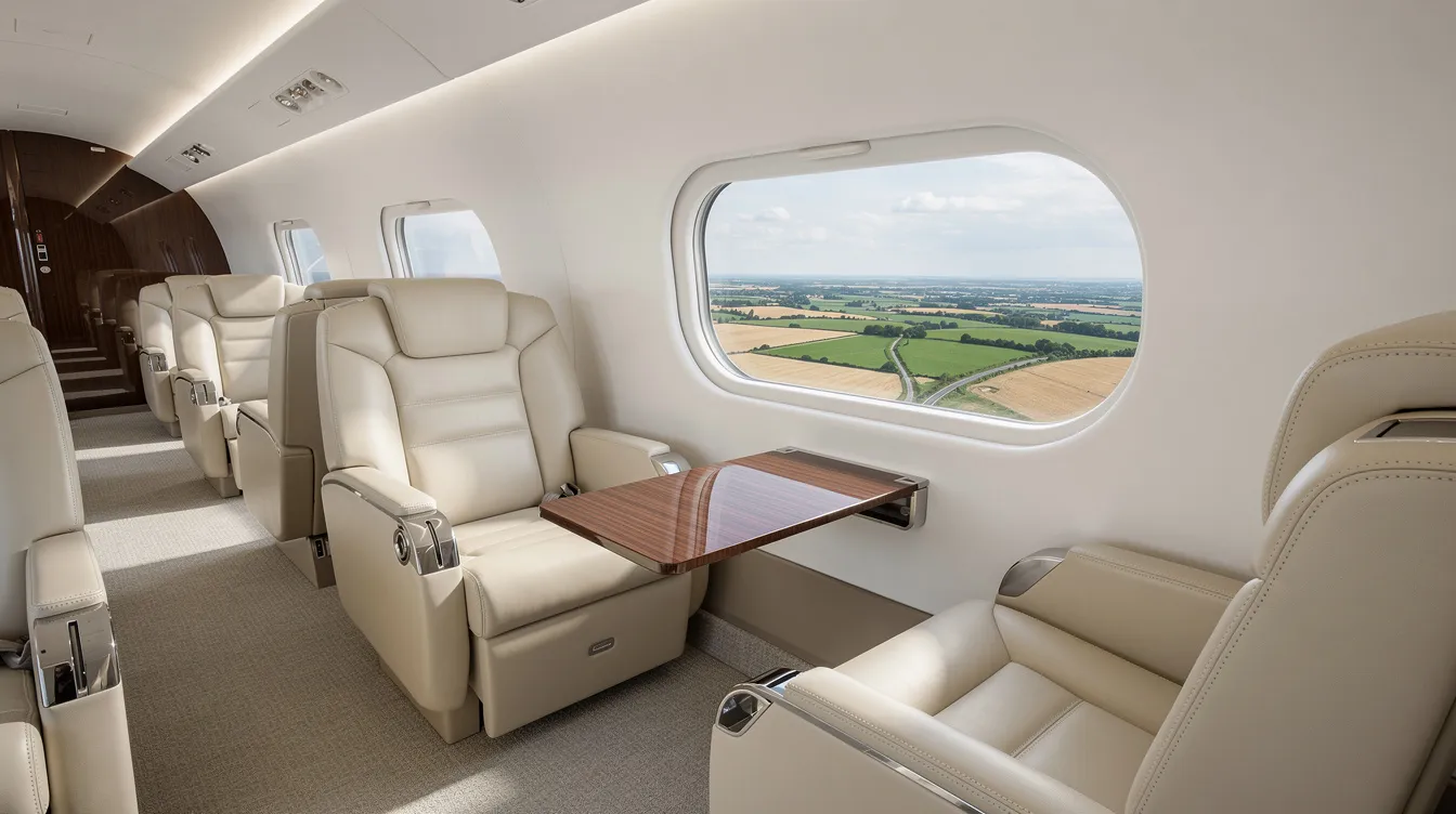 The image shows the interior of a light business jet featuring plush leather seats and a large window that offers a view of lush farmland below. This scene captures the comfortable atmosphere of air travel, possibly from or to the Storm Lake Municipal Airport in Iowa.