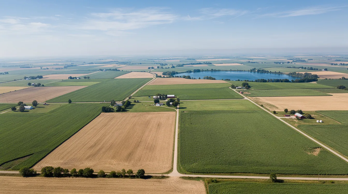 An aerial view showcases the lush Midwest farmland, with a small blue lake nestled in the distance, likely near Storm Lake, Iowa. The expansive landscape highlights the rural beauty of the area, with fields stretching towards the horizon.