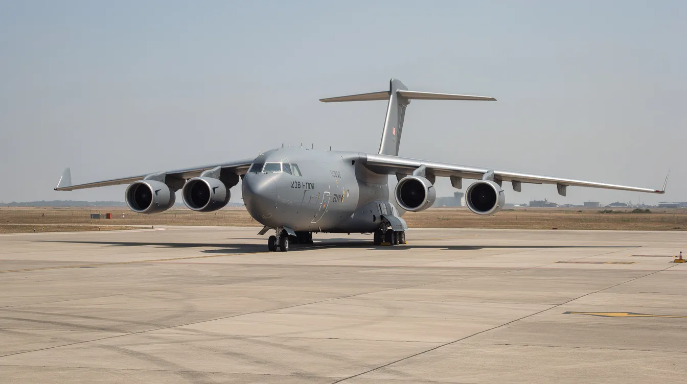 A military cargo transport aircraft is parked on a wide concrete apron at Powidz Military Air Base, with flat terrain in the background. This scene showcases the Polish Air Force's operations at the air base located in Poland, specifically at EPPW Powidz.