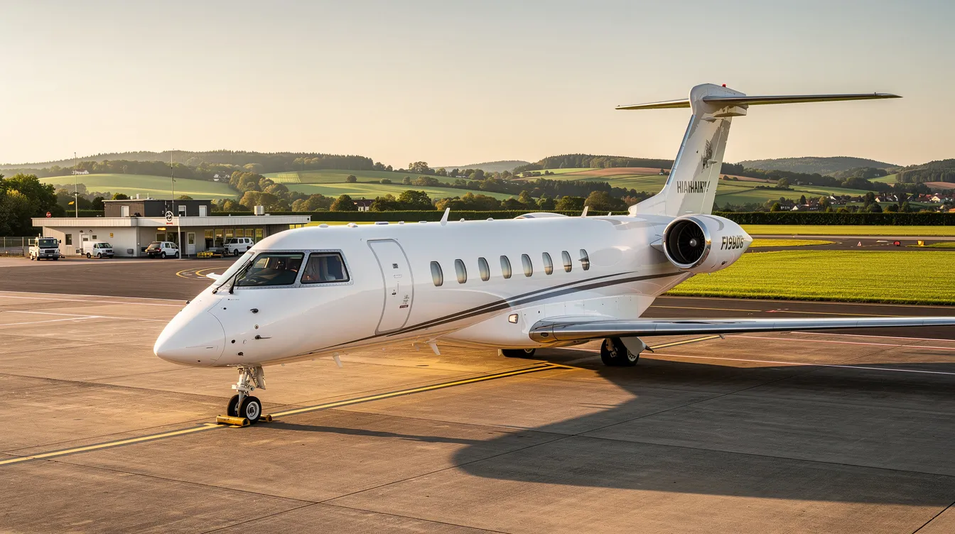 A sleek midsize private jet is parked at a small regional airport in Poland, specifically at EPPW Powidz, with lush green fields visible beyond the taxiway. The scene captures the tranquil atmosphere of the air base, highlighting its connection to the Polish Air Force and charter services.