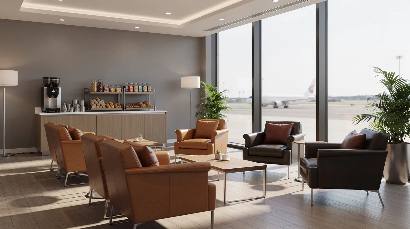 The image depicts the interior of a small, modern airport lounge at Port Hawkesbury Airport, featuring comfortable leather chairs arranged for relaxation, large windows allowing ample natural light, and a welcoming atmosphere. This space reflects the contemporary infrastructure of the airport, located in Nova Scotia, Canada, providing travelers a cozy spot before their flights.