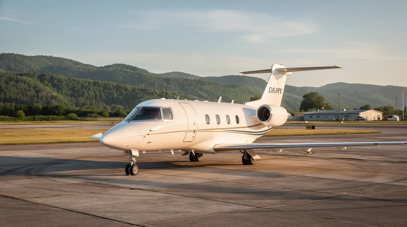 A small white private jet is parked on the tarmac of Port Hawkesbury Airport, surrounded by lush forested hills in the background, showcasing the serene rural setting of Nova Scotia, Canada. The image highlights the airport's infrastructure and the tranquil atmosphere of this municipality.