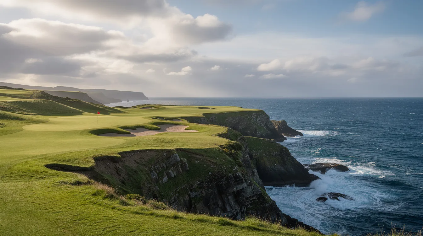 The image depicts a dramatic oceanside golf course with lush green fairways that stretch along steep coastal cliffs, set against a partly cloudy sky. This scenic view captures the natural beauty of Nova Scotia, near Port Hawkesbury, highlighting the region's stunning landscapes and outdoor recreational opportunities.