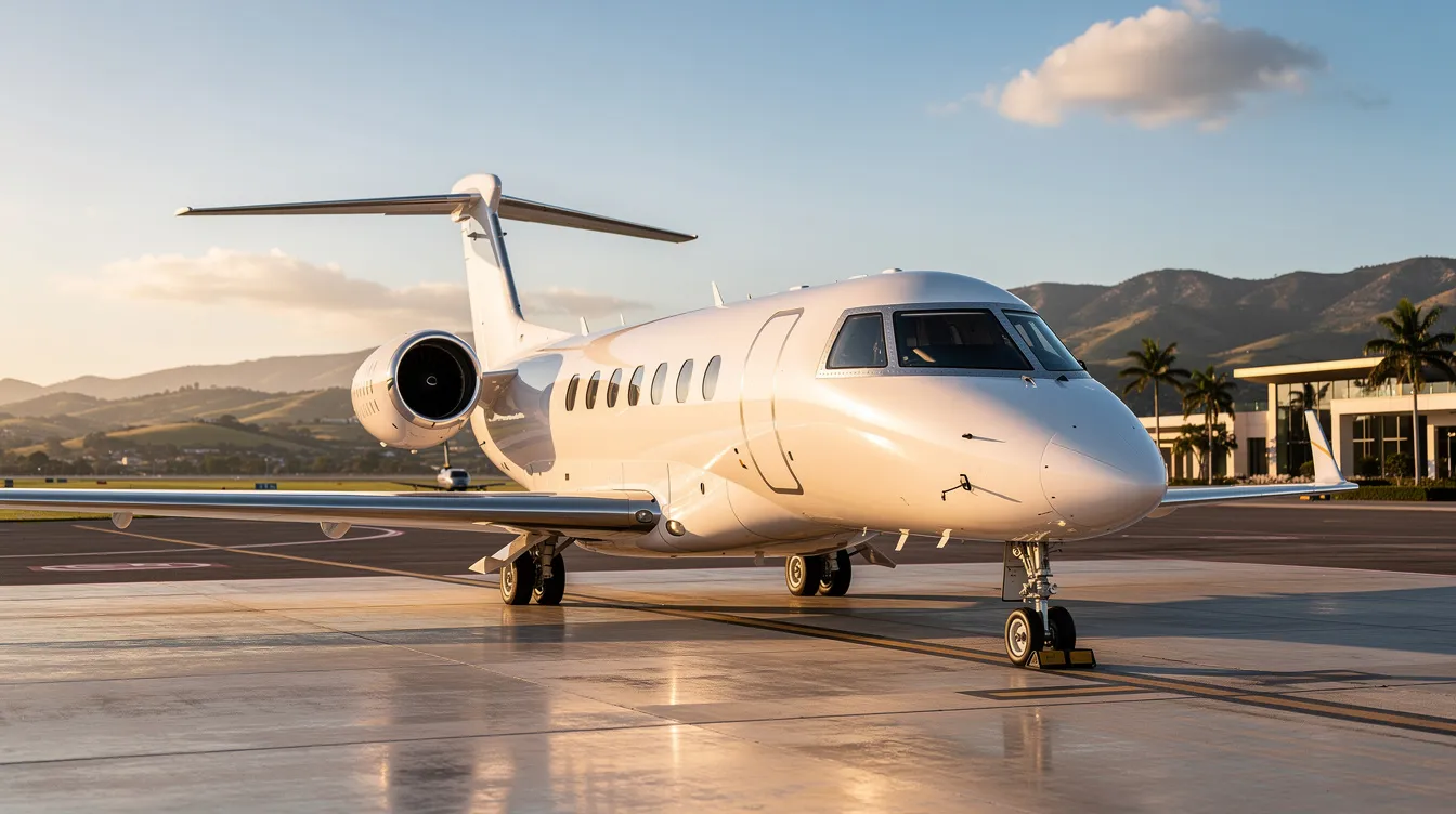 A sleek private jet is parked on a sunlit tarmac, with a stunning view of distant mountains and a clear blue sky in the background. This luxurious aircraft represents the epitome of travel, perfect for passengers looking to fly with comfort and style.