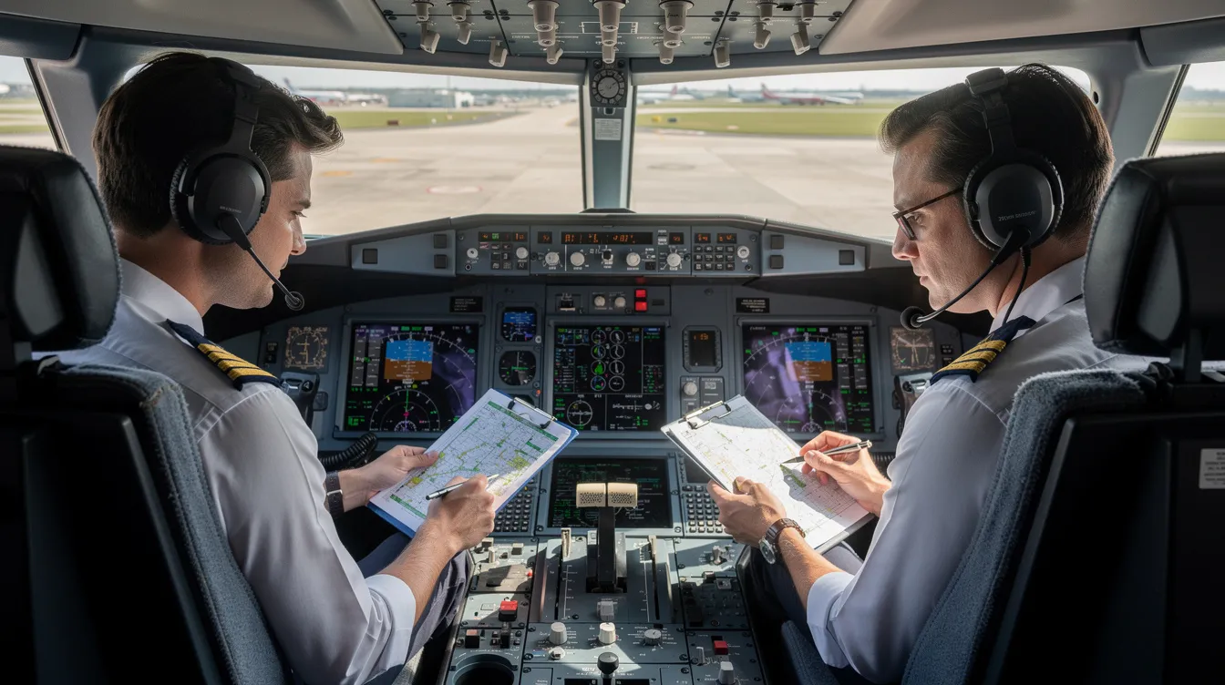 In a modern jet cockpit, two pilots, deeply focused on reviewing flight charts, are surrounded by advanced aviation instruments and displays that reflect their confidence and professionalism as they prepare for flight operations. The scene captures the essence of teamwork and meticulous planning essential for safe and efficient flights.
