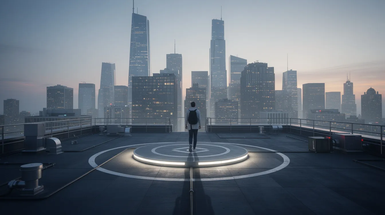 A person is walking toward a small landing pad on a rooftop, with a bustling city skyline in the background. This scene captures the essence of urban air mobility and the future of personal flight, highlighting the innovative spirit of companies like Doroni Aerospace, which is focused on practical personal flying vehicles.