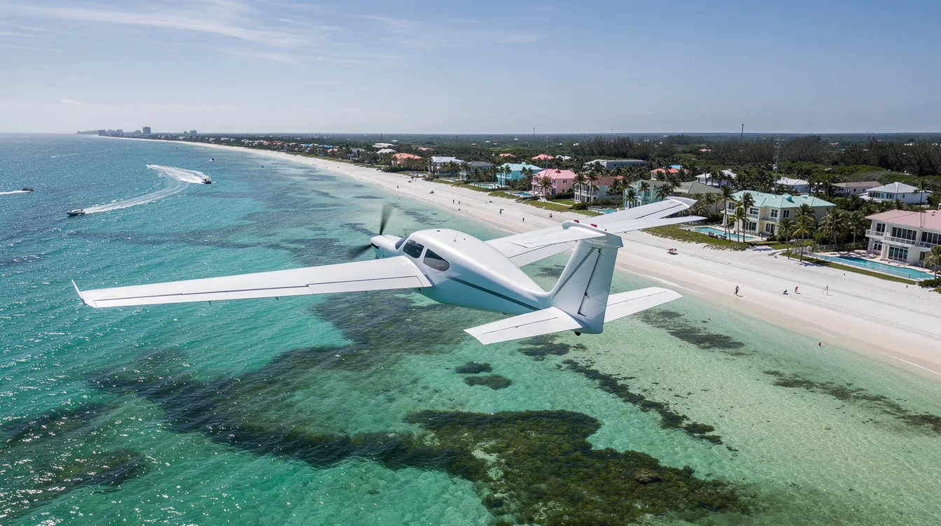 An aerial view captures a small electric aircraft, a practical personal flying vehicle, soaring over the stunning coastal landscape of Florida with its vibrant turquoise waters. This innovative design reflects the future of personal air mobility, showcasing the potential of electric vertical takeoff and landing technology.