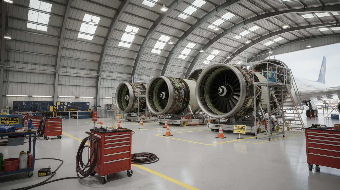 The image depicts the interior of a large aircraft maintenance hangar, showcasing various aircraft engines and an array of tools used for servicing. This bustling environment is essential for maintaining the operational efficiency of major carriers like Delta Air Lines, ensuring their fleet is ready for nonstop flights from airports such as Salt Lake City and Atlanta.