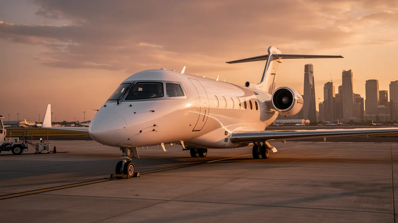 A sleek modern private jet is parked on an airport ramp at sunset, with a stunning view of a distant city skyline, possibly near Salt Lake City. The warm hues of the sunset reflect off the aircraft, highlighting the luxury of private air travel.