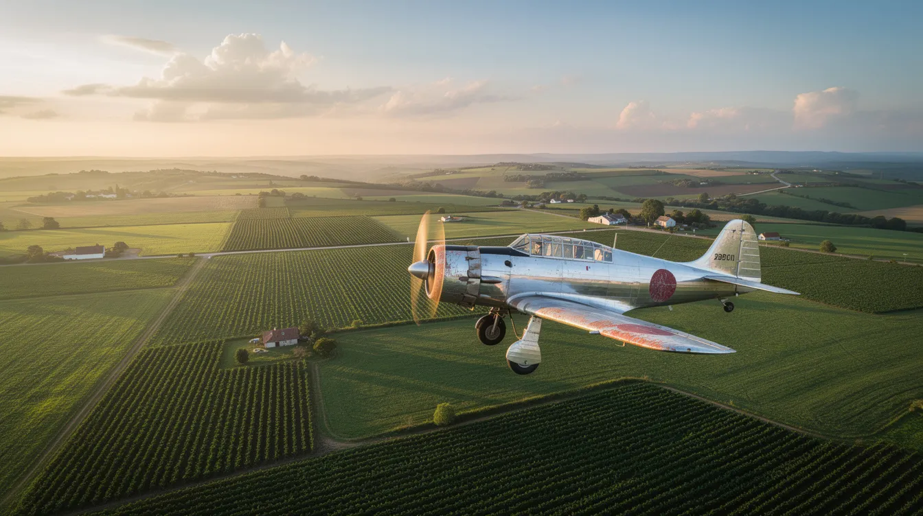 A vintage propeller airplane soars gracefully over lush green farmland, showcasing a picturesque landscape. This scene evokes a sense of nostalgia for early air travel, reminiscent of the first commercial planes that connected cities across the eastern and western United States.