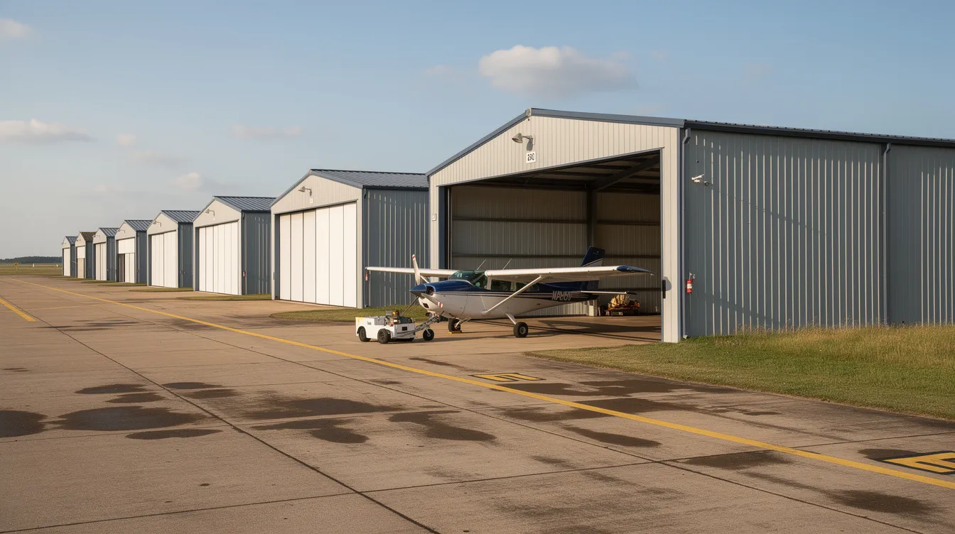 The image shows a row of metal T-hangars at a small regional airport, specifically at Byerly Aviation in Peoria, IL. A single-engine propeller aircraft is being towed into one of the hangars, highlighting the general aviation operations at this location.