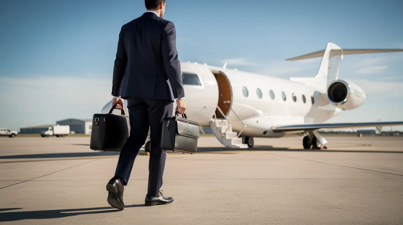 A business traveler is walking towards a white private jet on the tarmac of Peoria International Airport on a clear day, ready for their flight after performing security verification. The scene captures the essence of general aviation, highlighting the sleek aircraft against the bright sky.