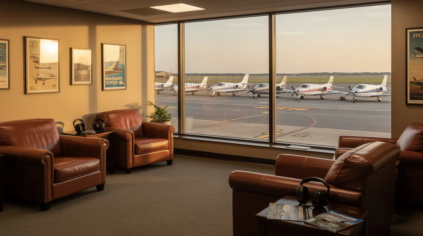 The image depicts a cozy pilot lounge featuring plush leather chairs and a large window that provides a view of the airport ramp, where small aircraft are parked at Peoria International Airport. This inviting space is designed for comfort and relaxation, serving those in general aviation, such as Byerly Aviation in Peoria, IL.